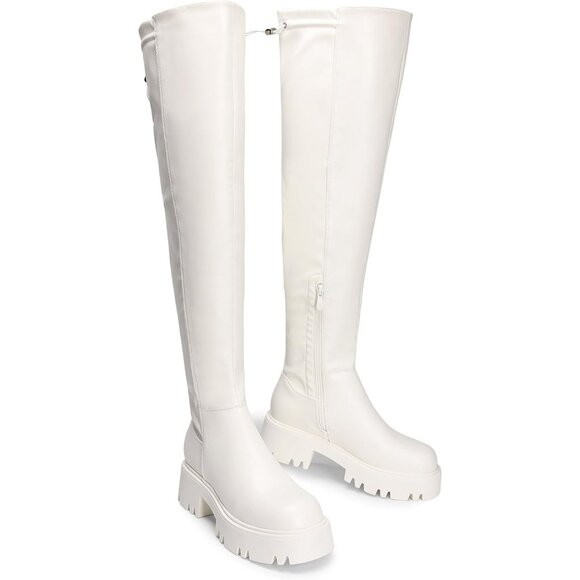 🆕Women's White-pu Faux Leather Over The Knee Lug Sole Round Toe Thigh High Boot - Picture 7 of 11